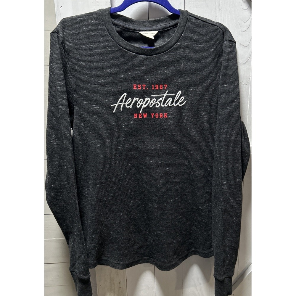 Aeropostale Women's Size M Long Sleeve Waffle Knit Top Black Rounded Hem